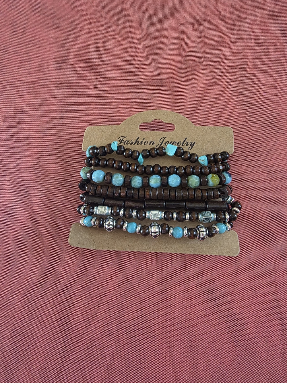 Fashion Jewelry Turquoise & Dark Wood Stacked Beaded Bracelet Set
